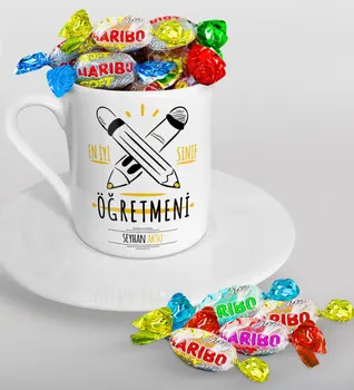 

Personalized Best Class Teacher Turkish coffee Cup and Haribo Candy Gift Seti-5