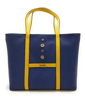 

Blue canvas woman bag combined with 1ª quality leather yellow, zipper closure, 42x31x14 cm. Made in Spain