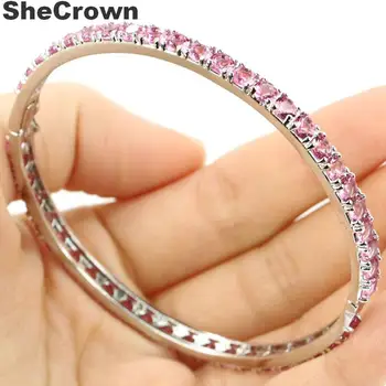 

3x3mm Romantic Created Pink Tourmaline SheCrown 2019 Woman's Jewelry Making Silver Bangle Bracelet Length 7.5inch