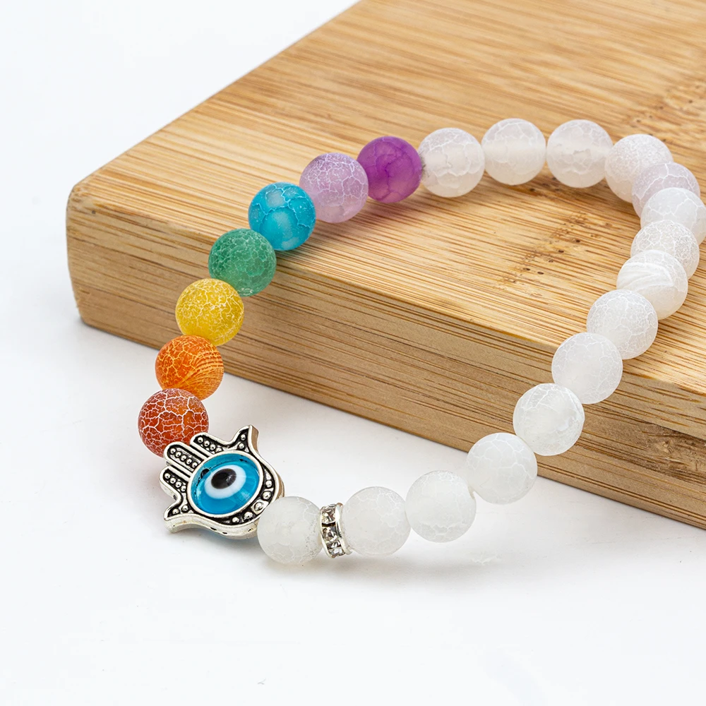 

MEIBEADS Evil Eye 7 Chakra Scrub White Transparent Stone Beads Yoga Energy Bracelet For Men Women Reiki Prayer Stone Bangles