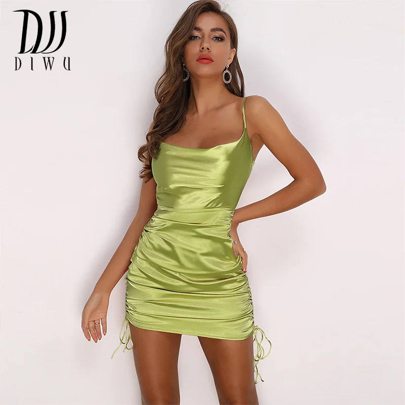 DIWU Ruched Satin Summer Dress Drawstring Spaghetti Straps Cowl Neck Backless mini Dresses for Women Party Sexy Vestidos 2022