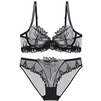 

Sexy Women Bra Brief Set Lingerie Transparent Gauze Mesh Embroidery Fashion Ultra-thin Charming Underwear And Panty Women's Set