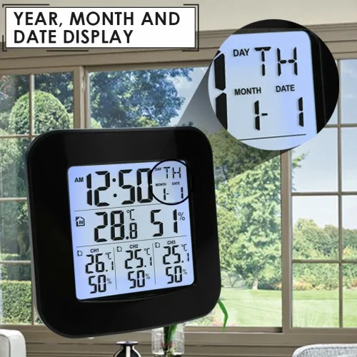 Цифровая метеостанция с термометром и гигрометром, с 3 крытыми/наружными беспроводными датчиками температуры и влажности