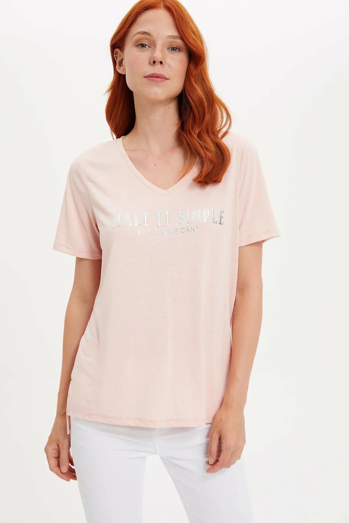 

DeFacto Sexy Women Fashion V-neck Tops Female Casual Loose Short Sleeve Ladies Letter Pattern Sport T-Shirt Summer - L6248AZ19SM