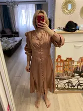 A-Line Dress V-Neck Spring Bishop-Sleeve Satin Simplee Chic Elegant Vintage High-Waist