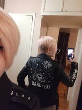 Coats Jackets Rivet Streetwear Print Faux Motorcycle White Winter Women Zipper Black