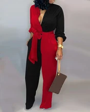 

2020 New Fashion Women Long Rompers Casual One Piece Red Black Overalls Colorblock Long Sleeve Knotted Jumpsuit