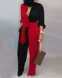 Macacão longo casual feminino, macacão peça única colorido preto e vermelho com nó, 2020