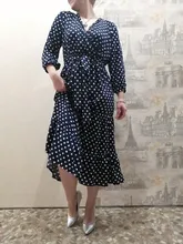 Autumn Winter Dot Bandage Dress Women Casual Ruffles V Neck High Waist Slim Print Long