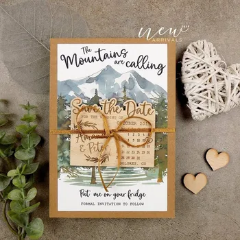 

Calendar Save The Date Magnet, customize Rustic Mountain wooden magnets, Engraved Adventure wedding invitation, party Decoration