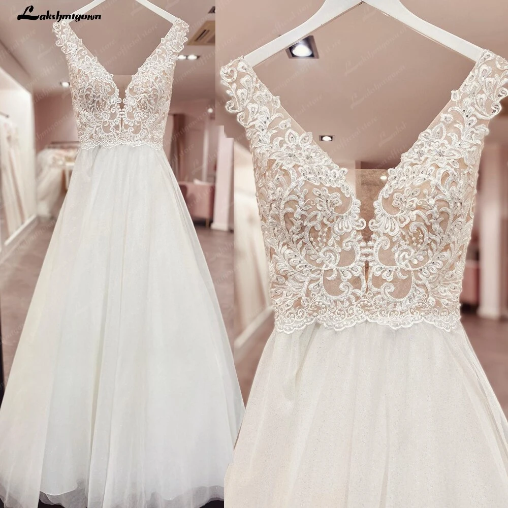 ball gown wedding dress Boho V-neck Off the Shoulder Lace Appliques A-Line Wedding Dress 2022 Tulle Bridal Gown Sweep Button Floor-Length Beading robe wedding dresses