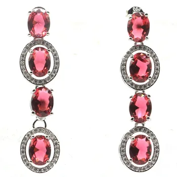 

41x11mm SheCrown Elegant Created Pink Raspberry Rhodolite Garnet CZ Woman's Silver Earrings