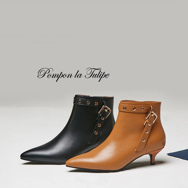 

BHS 9011179 Stylish Pointed Toe Genuine Cow Leather Metal Buckle Zipper 4CM Thin Heel Stilettos Women Fashion Ankle Boots