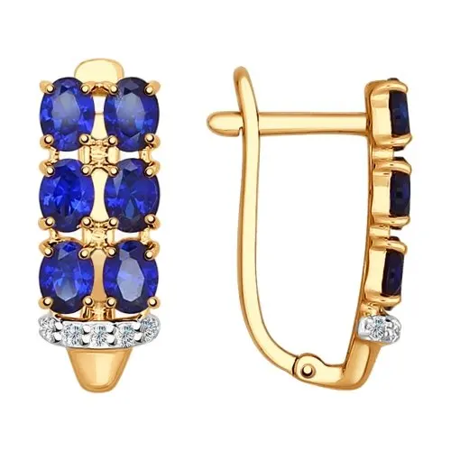 SOKOLOV earrings of gold with sapphire corundum(synth.) And cubic zirconia