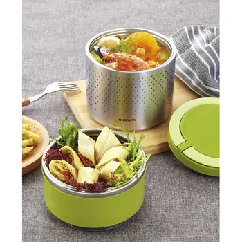 

Wholesale Double layer lunch box, 1.5L capacity, stainless steel, with handles, Dimensions: 133*180mm. food storage