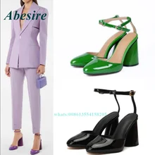 

2022 Spring New Leather High Heel Sandals Round Toe Buckle Strap Sandals Patent Leather Chunky Heel Pumps Women Shoes Green Sexy