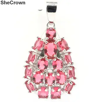 

36x20mm SheCrown Pretty Created Pink Raspberry Rhodolite Garnet Gift For Woman's Present Silver Pendant