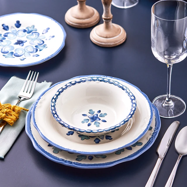 Dayanıklı mavi tasarım 6 kişi 24 adet karaca türk yapımı taş şık yemek  takımı - AliExpress
