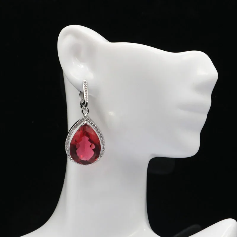 43x19mm Big Jewelry Drop 20x15mm Pink Tourmaline CZ Woman's Wedding Silver Earrings Pendant