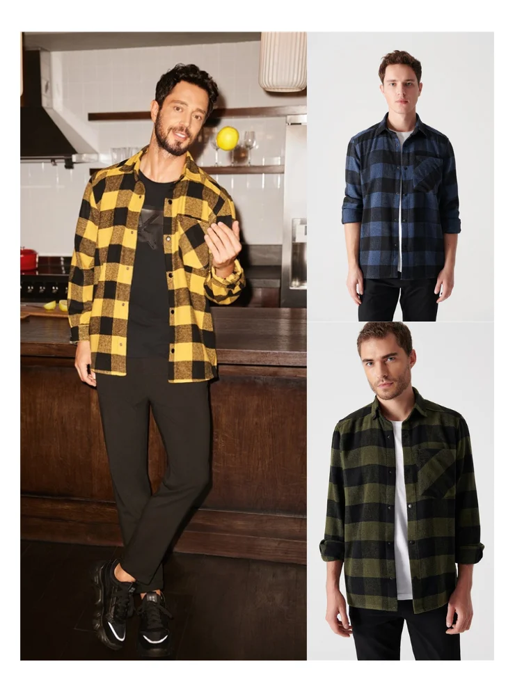 

Avva Mustard Khaki indigo Casual Plaid Checkered Classic Collar Overshirt Shirt Long-Sleeved Fashion with Pockets and Snaps Blue