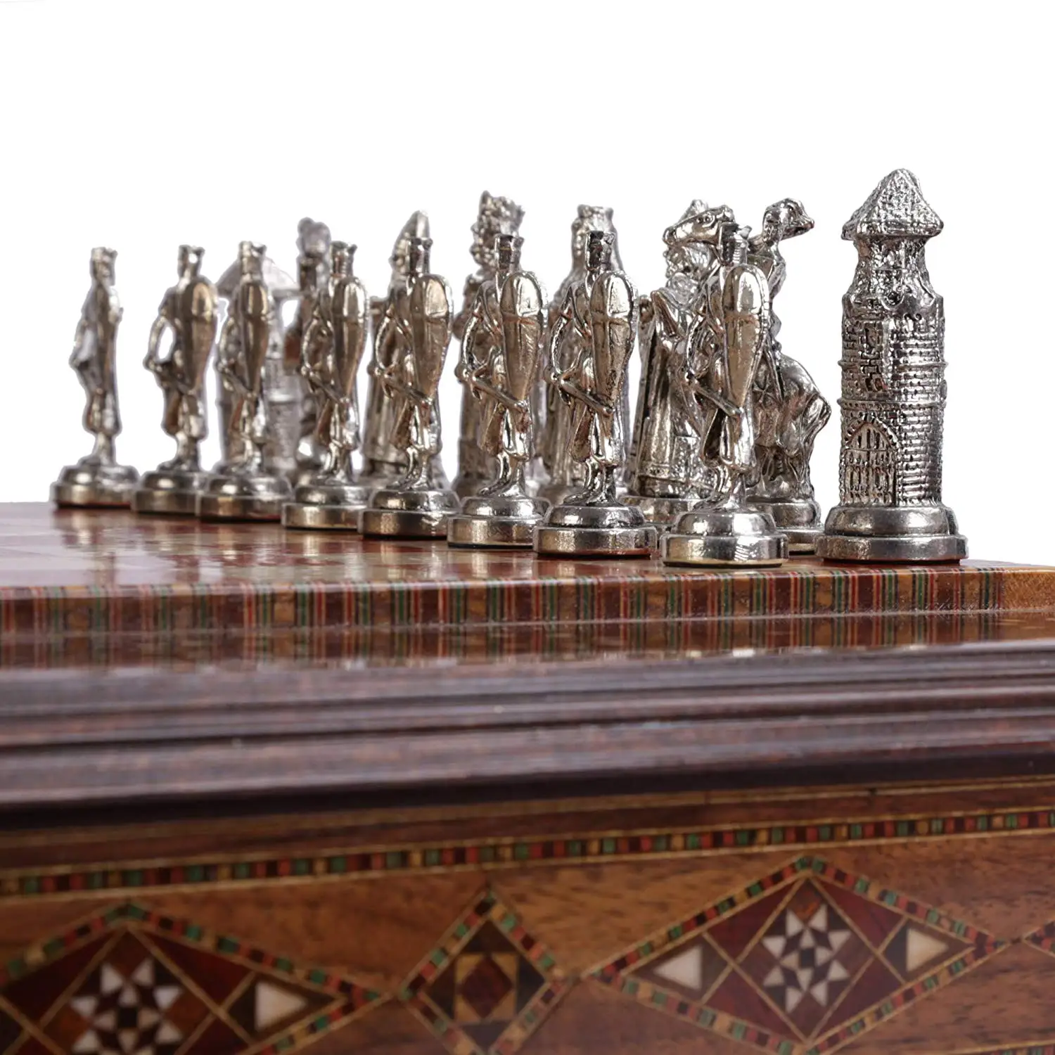 US $514.90 Metal Chess Set Ottoman vs Byzantine Figures Handmade Pieces Natural Solid Wooden Chess Board Storage Inside King 7 cm