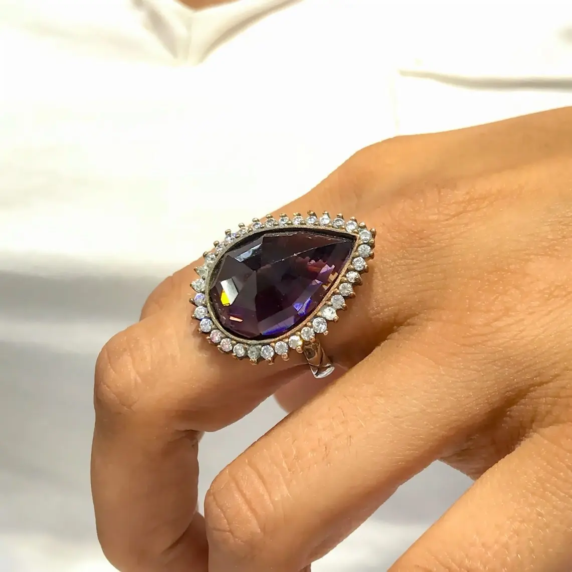 

Authentic Drop Amethyst Silver Ring