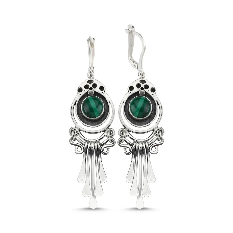 

Silver 925 Sterling Malachite Gemstone Dangle Hand Handwork Earrings