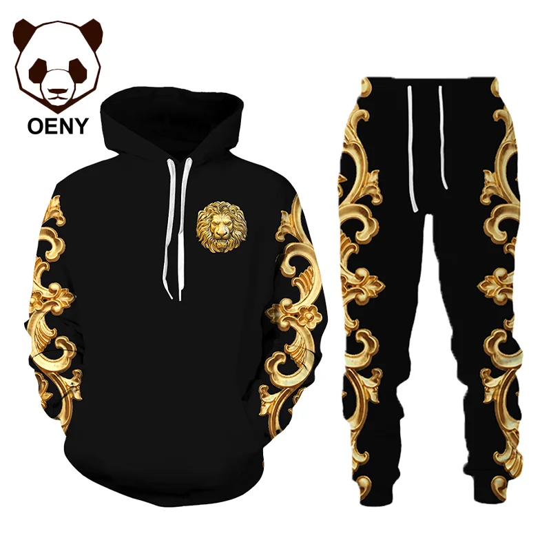 Autumn and Winter Two Piece Set 3D Lion Print Men's Hoodies Sweat Pants Sportswear Suits Fashion Men Sweatshirt Sets Tracksuit | Мужская