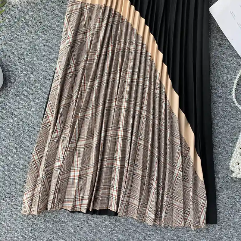 autumn Plaid High Waist Vintage Long Skirt Autumn Winter Bottoms Long Skirts A-line Patchwork Panelled Pleated Skirts