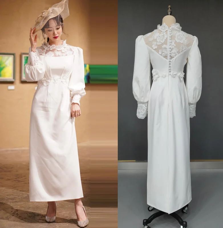 

2163 # реальное фото атласное пляжное платье с высоким воротом длинными рукавами длиной до щиколотки иллюзионное кружевное свадебное платье с 3D цветами свадебное платье