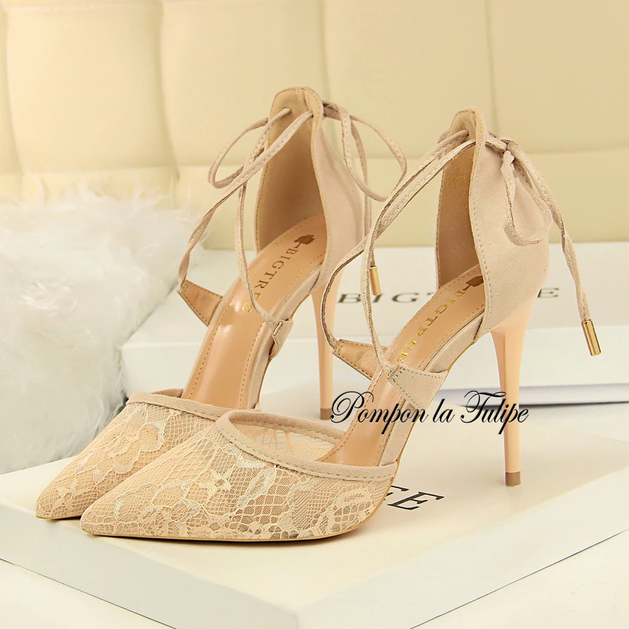 

MNK 930023 Lace Cross Tie Elegant 0.5CM Platform Elegant Sheepskin Pumps 10CM Chic Stilettos Fancy Party Wedding Women Shoes