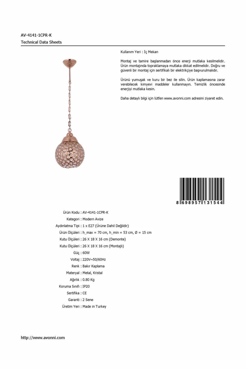 AVONNI AV-4141-1CPR-K с медным покрытием классическая люстра, E27, M