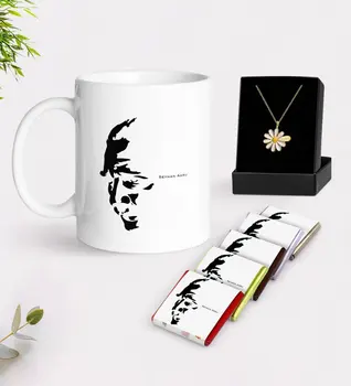 

Personalized Ataturk Themed White Mug Chocolate and Is Daisy Necklace Gift Seti-7