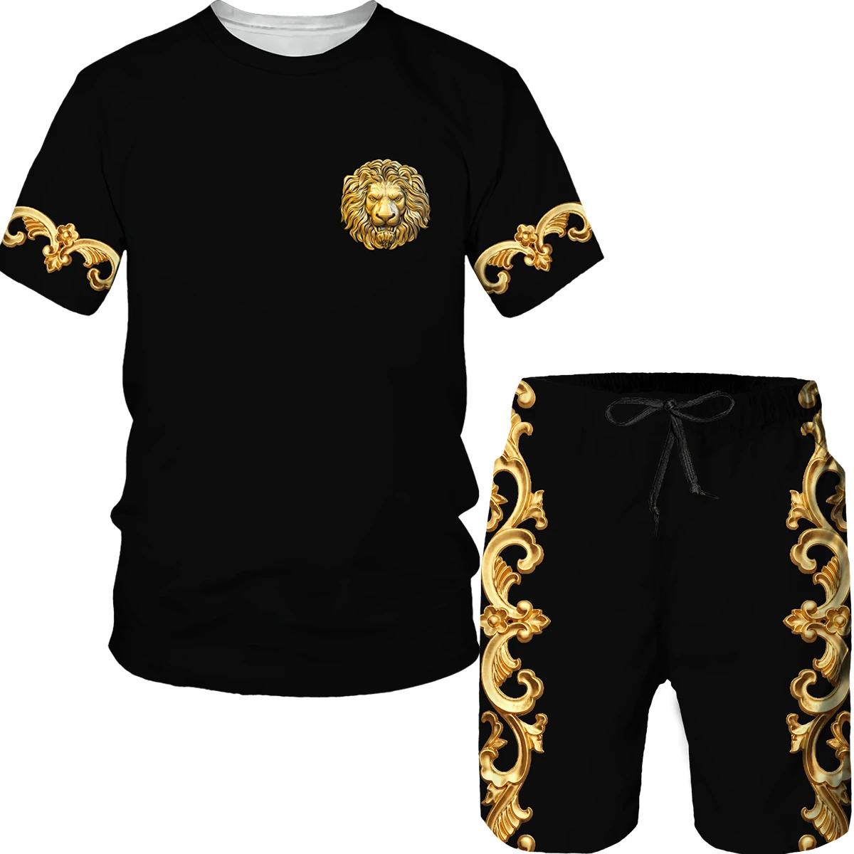 mens loungewear sets Summer Golden Pattern Lion Head Printed Men T-shirt/Shorts/Suit Graphic O-neck T Shirt and Shorts Short Sleeved Men's Tracksuit mens shorts and t shirt set