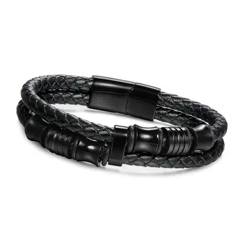 

Angemiel Men Black Double Layers Real Leather Steel Male Bracelet