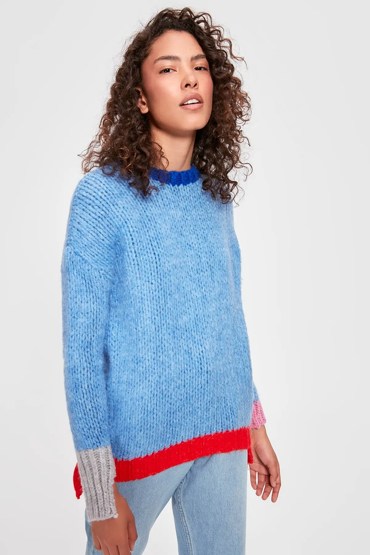 

Trendyol Blue Asymmetrical Color Block Sweater Pullover TWOAW20KZ0496