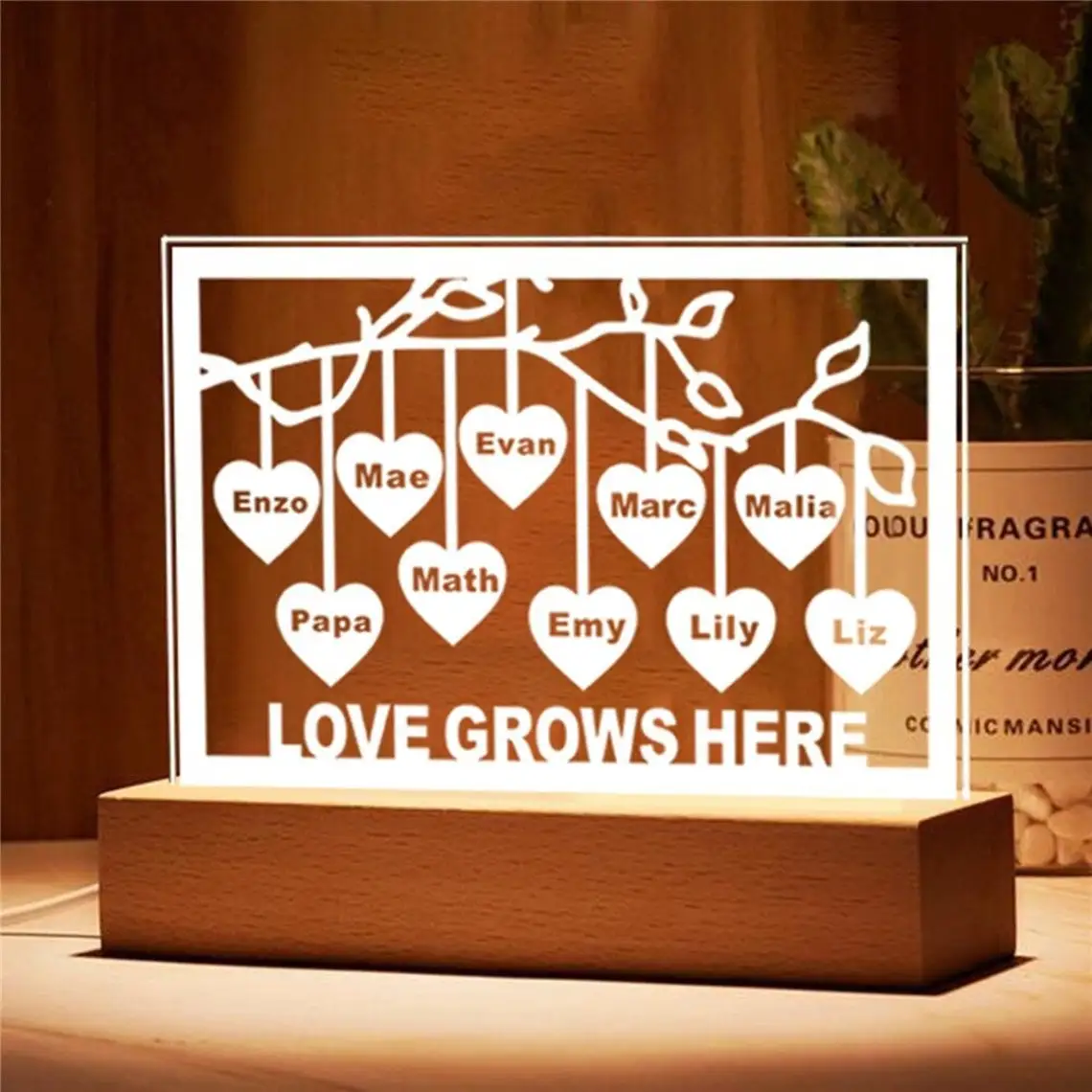 Personalized Family Tree Night Light Heart Names up to 12 Names USB Led Wooden Base Lamp for Mother’s Day Christmas Mom Gift 