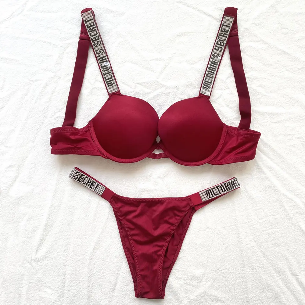 New VICTORIA’S SECRET Fashion Women Plus Size Bra Panty 2 Piece Push Up Sexy Underwear Briefs Set Letter Rhinestone Lingerie Set
