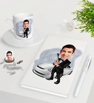 

Personalized Men 'S Agent Caricature Of White Notebook Pen Turkish Coffee Cup Seti-1