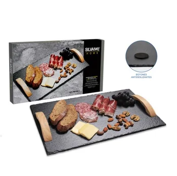 

Silvano slate plate BSP-MD-4 for rectangular snacks, with natural wooden handles. Great presence in buffet and dining room