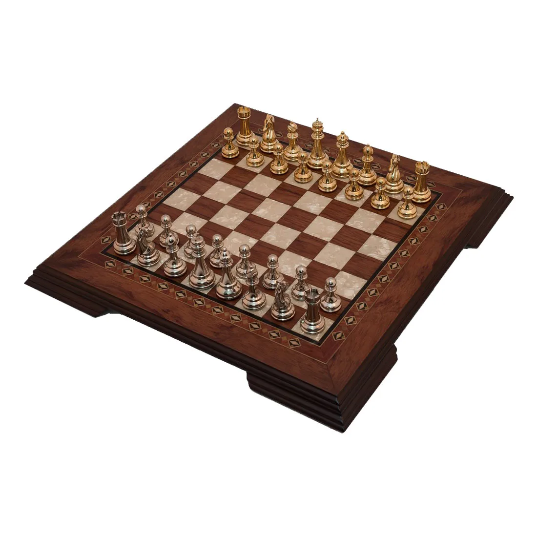 Solid Walnut Wood Chess Game Set - With Metal Figure - Footed Mosaic Engraved Chessboard Gift Items Шахматы