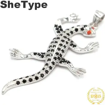 

50x27mm SheType Gecko 3.6g Created Black Sapphire Garnet Gift For Boy 925 Solid Sterling Silver Pendant