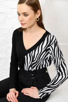 

Trend Alacati Style Women Black-White V-Neck Zebra Blocky Bluz ALC-016-193-TO