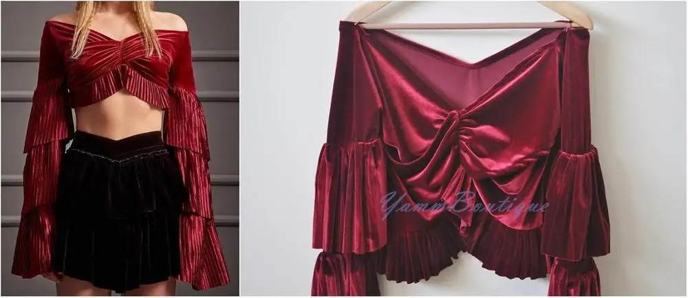 Women Velvet OFF-Shoulder Flared Pleated Sleeves /