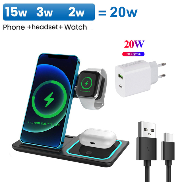 in 1 Wireless Charger 20W Foldable Wireless Charger Station for Airpods Pro Apple Watch iPhone 13 Pro max 12 11 8 Plus Samsung