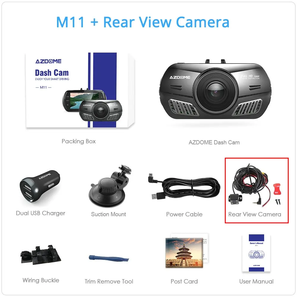 M11-RVC AZDOME M11 DVR 24H монитор парковки Автомобильная камера мини Dashcam двойной объектив Ночное Видение Поддержка gps 1080P заднего вида видеорегистратор - Название цвета: M11-RVC