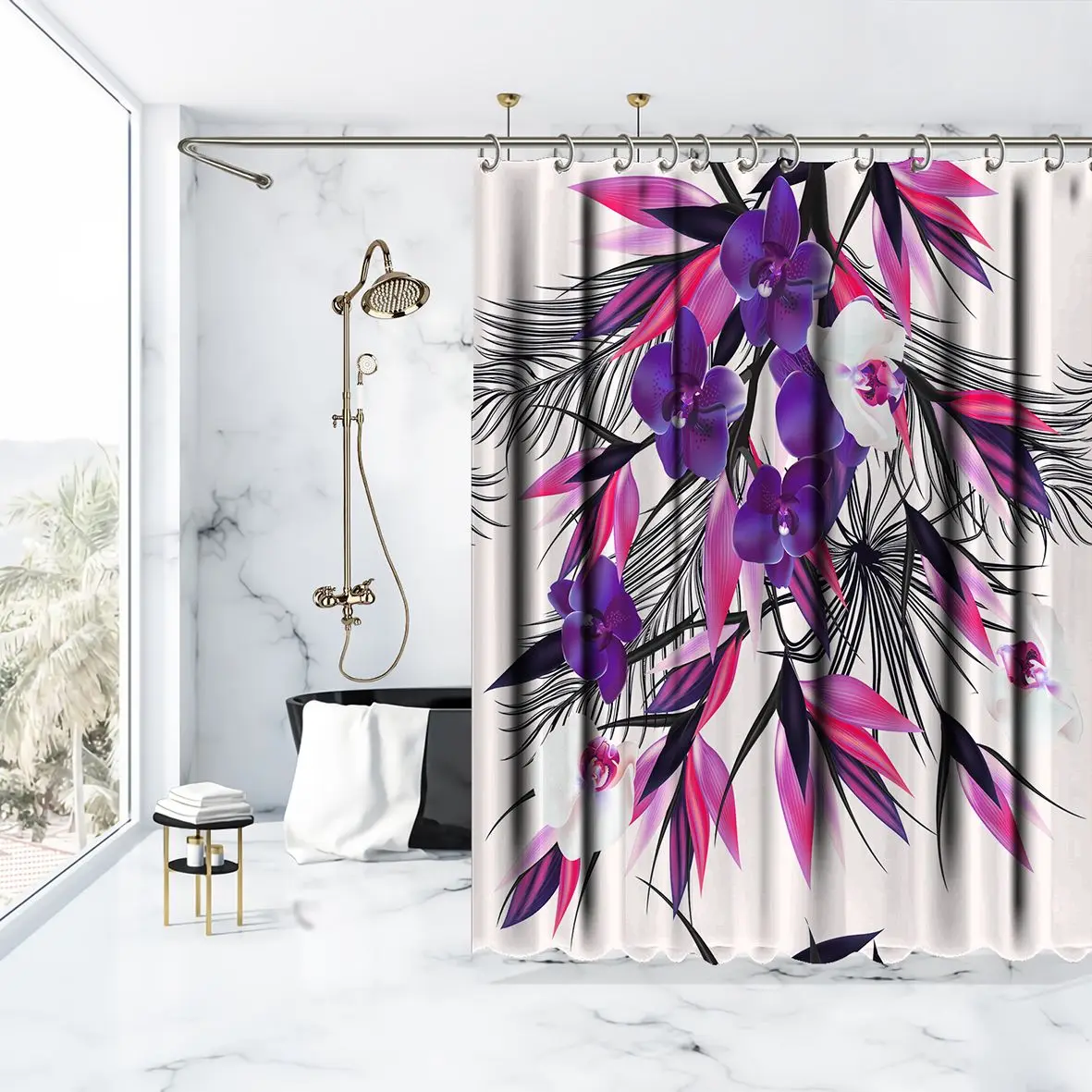 Tropical Plants Orchids and Palm Leaves on White Background Artwork Purple Pink Black Shower Curtain