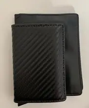 DIENQI-Monedero con revestimiento de metal para hombre, minitarjetero con antibloqueo Rfid, adecuada para guardar tarjeta de identificación, de cuero, monedero masculino de carbono con cremallera