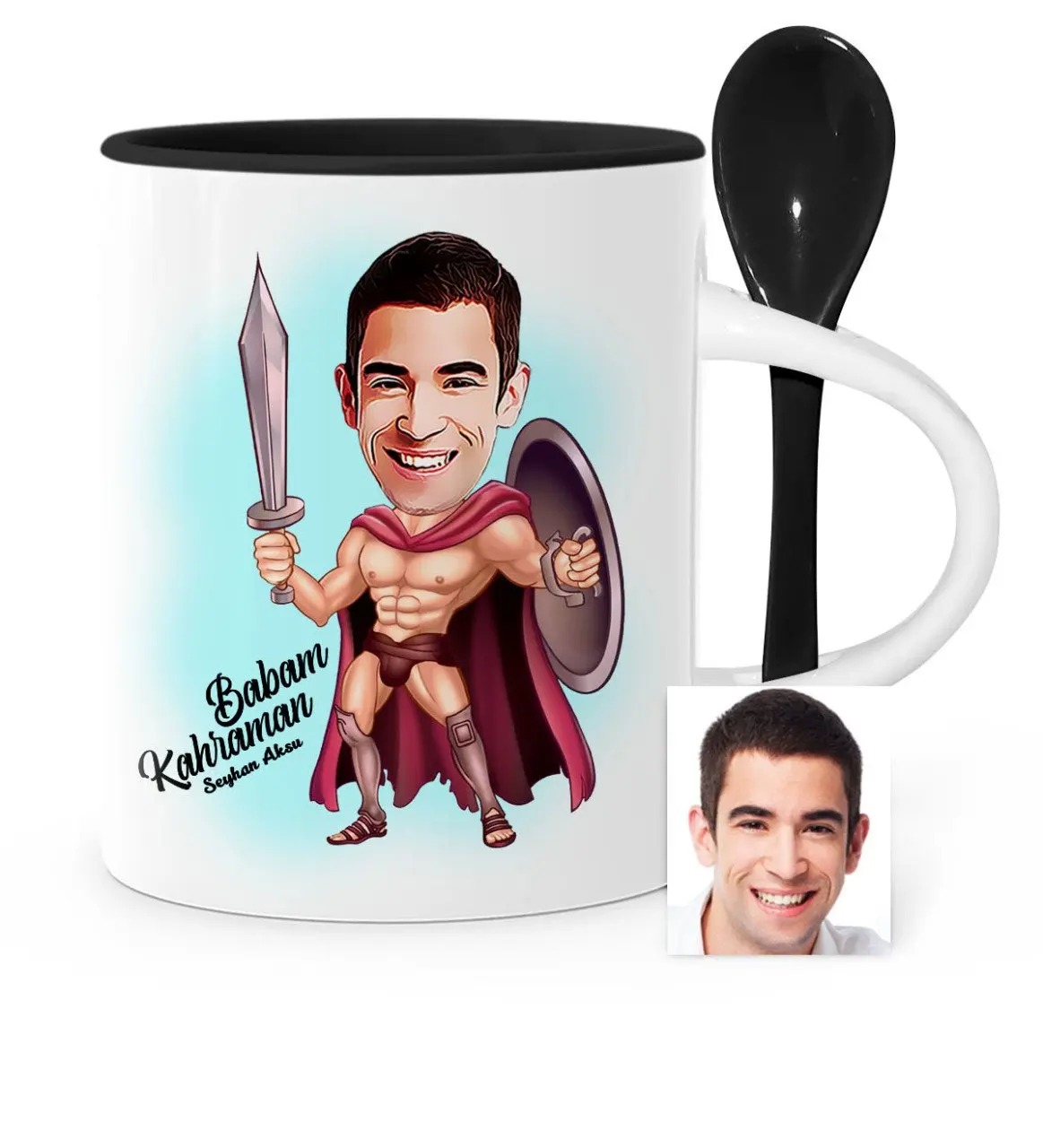 

Father's Day Custom Hero Dad Cartoon Black Spoon Mug Cup-1