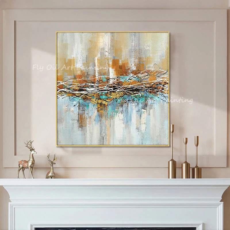 

100% Handmade gold foil ocean sea grey canvas thick abstract square picture artwork oil painting for office living room decor